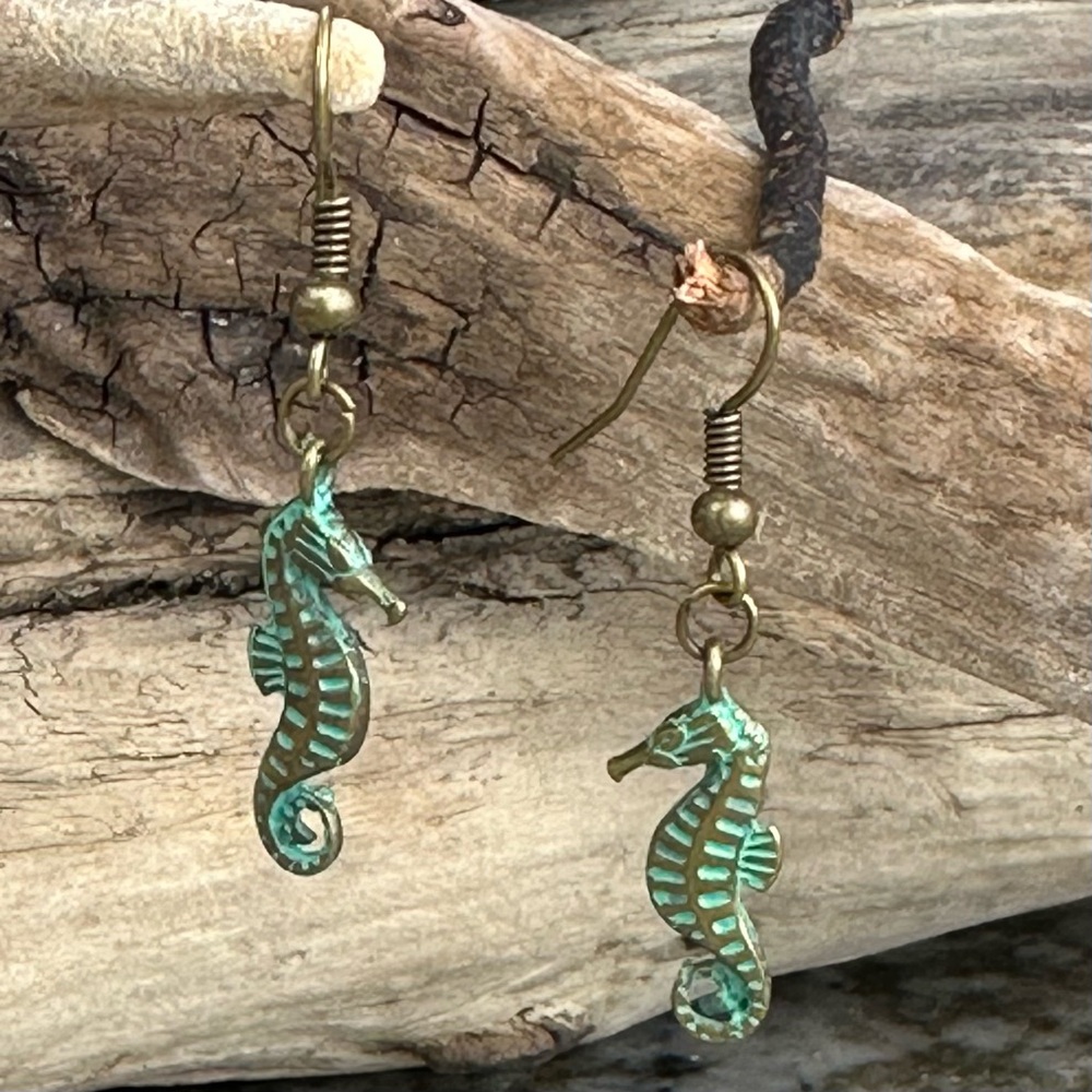 Seahorse Dangle Earrings Antique Gold & Blue/Green Enamel Tone